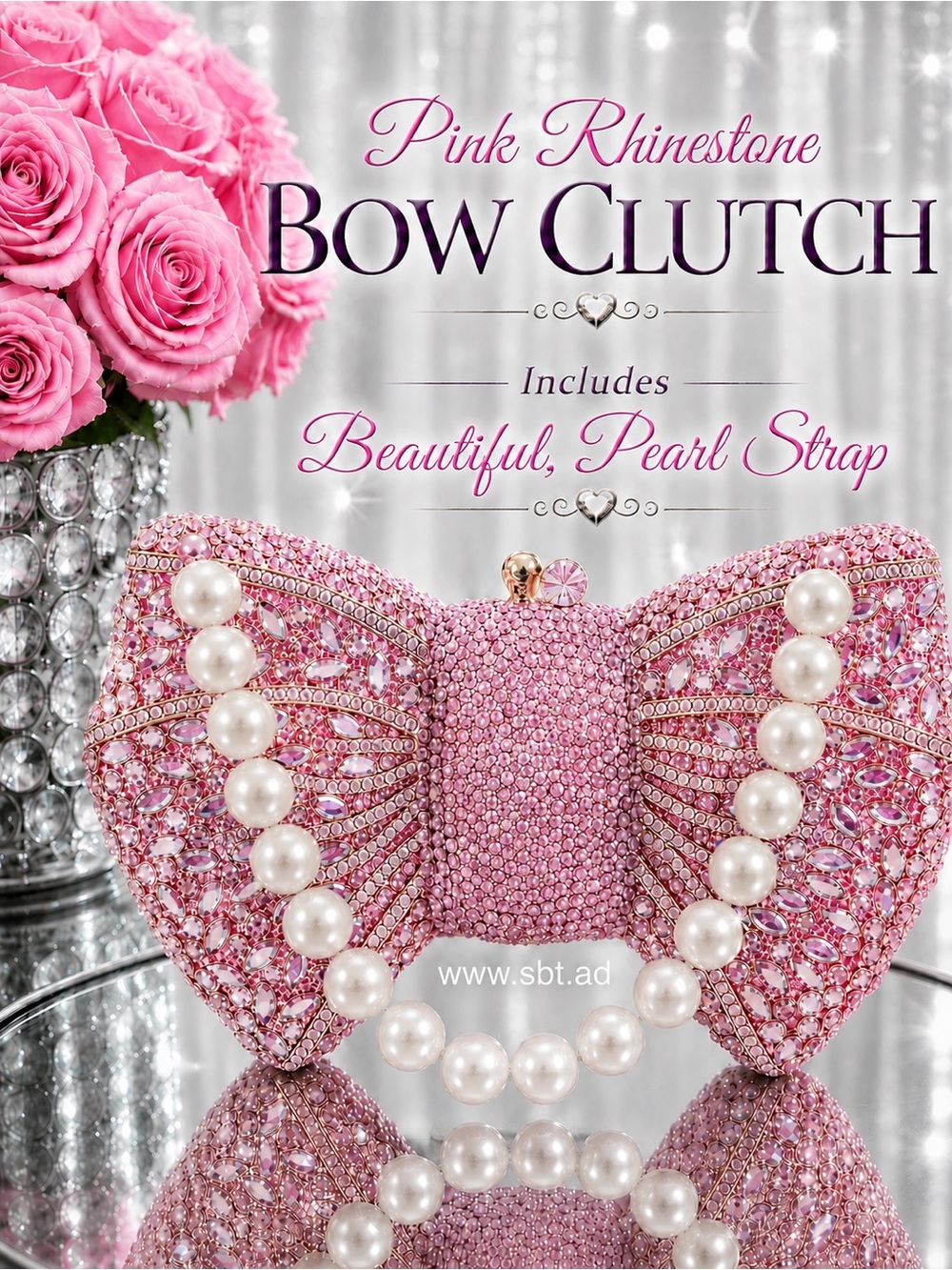 NEW Bow Clutch Purse Sparkling Bling Crystal Rhinestone Bag With Pearl Strap